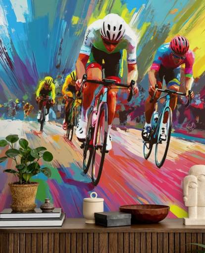 carta da parati murale colorata per ciclisti chiamata Abstract Cyclists per case, uffici e club sportivi