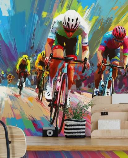 värikäs pyöräilytaustakuvamaalaus nimeltä Abstract Cyclists koteihin, toimistoihin ja urheiluseuroihin