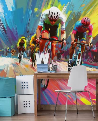 colorido mural de papel pintado para ciclistas llamado Abstract Cyclists para hogares, oficinas y clubes deportivos