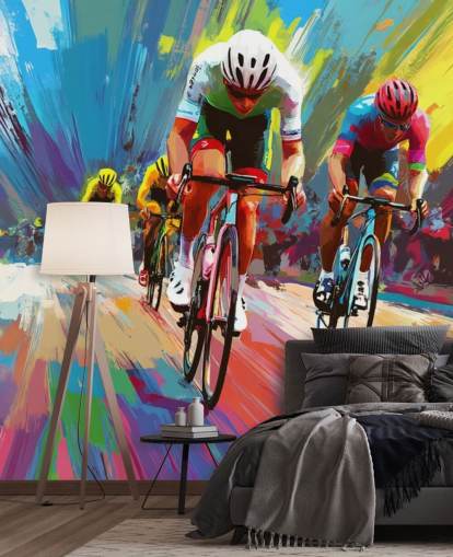 farbenfrohe Fahrradtapete mit dem Titel Abstract Cyclists für Häuser, Büros und Sportvereine farbenfrohe Fahrradtapete mit dem Titel Abstract Cyclists für Häuser, Büros und Sportvereine