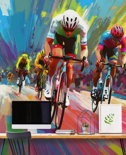 mural colorido de papel de parede de ciclismo chamado Abstract Cyclists para residências, escritórios e clubes esportivos mural colorido de papel de parede de ciclismo chamado Abstract Cyclists para residências, escritórios e clubes esportivos