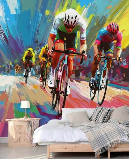 colorido mural de papel pintado para ciclistas llamado Abstract Cyclists para hogares, oficinas y clubes deportivos colorido mural de papel pintado para ciclistas llamado Abstract Cyclists para hogares, oficinas y clubes deportivos