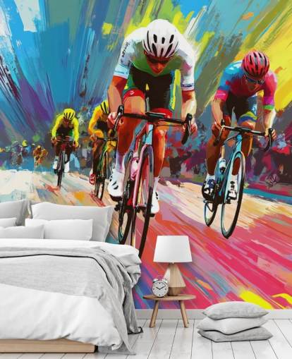 colorido mural de papel pintado para ciclistas llamado Abstract Cyclists para hogares, oficinas y clubes deportivos