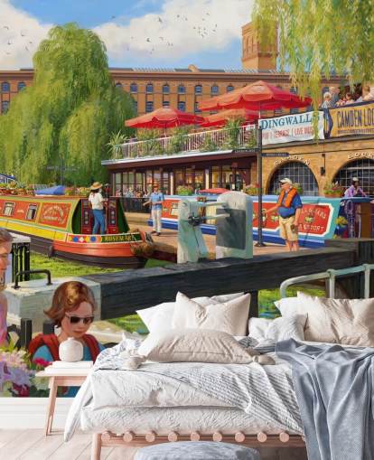 colorful london scene wallpaper mural called Camden Lock by Daniel Rodgers for care homes