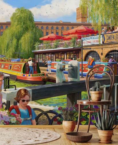 colourful london scene wallpaper mural called Camden Lock by Daniel Rodgers for care homes