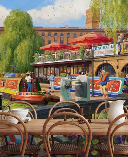 colourful london scene wallpaper mural called Camden Lock by Daniel Rodgers for care homes