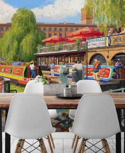 colorful london scene wallpaper mural called Camden Lock by Daniel Rodgers for care homes