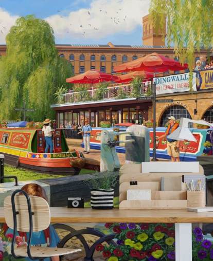 carta da parati murale colorata con scena londinese chiamata Camden Lock di Daniel Rodgers per case di cura