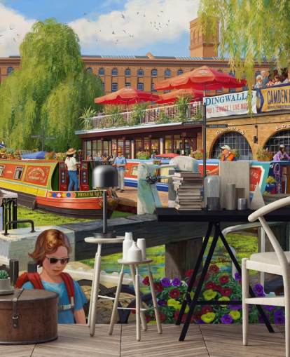 colorido mural de papel pintado con escenas londinenses llamado Camden Lock de Daniel Rodgers para residencias de ancianos