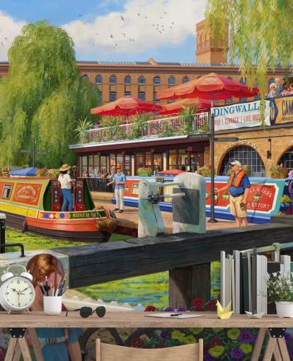 colorido mural de papel pintado con escenas londinenses llamado Camden Lock de Daniel Rodgers para residencias de ancianos
