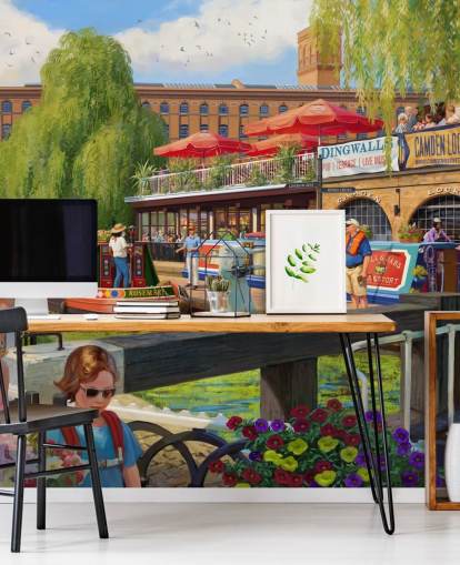 fargerikt tapetmaleri i London Scene kalt Camden Lock av Daniel Rodgers for omsorgsboliger fargerikt tapetmaleri i London Scene kalt Camden Lock av Daniel Rodgers for omsorgsboliger