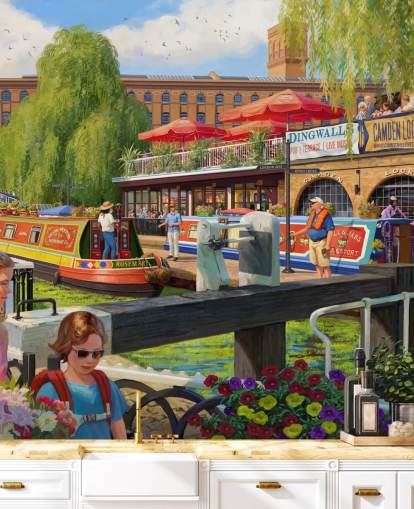 colorful london scene wallpaper mural called Camden Lock by Daniel Rodgers for care homes