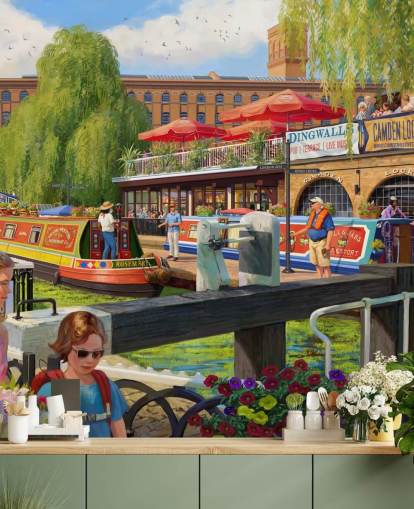 Buntes Tapeten-Wandbild mit Londoner Szene namens Camden Lock von Daniel Rodgers für Pflegeheime