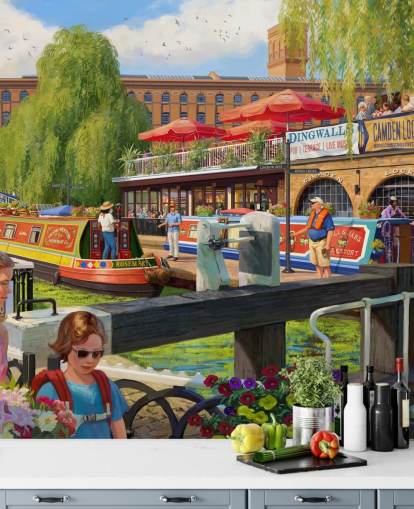 colorful london scene wallpaper mural called Camden Lock by Daniel Rodgers for care homes