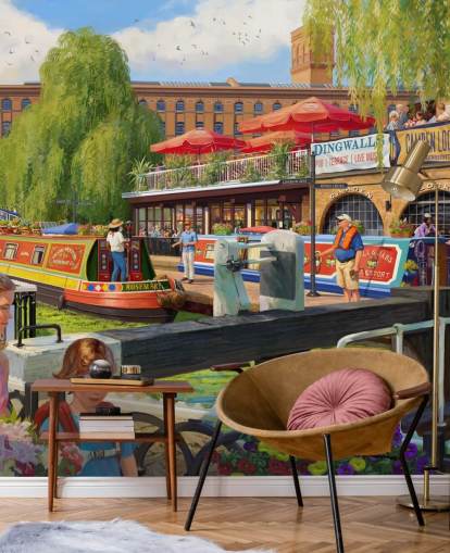 colorful london scene wallpaper mural called Camden Lock by Daniel Rodgers for care homes