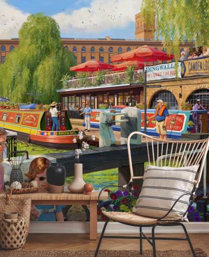 colorful london scene wallpaper mural called Camden Lock by Daniel Rodgers for care homes