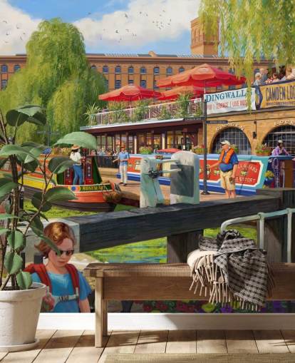 colorful london scene wallpaper mural called Camden Lock by Daniel Rodgers for care homes