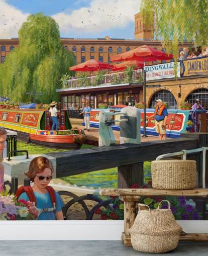 farverigt tapetmaleri i London Scene kaldet Camden Lock af Daniel Rodgers til plejehjem farverigt tapetmaleri i London Scene kaldet Camden Lock af Daniel Rodgers til plejehjem