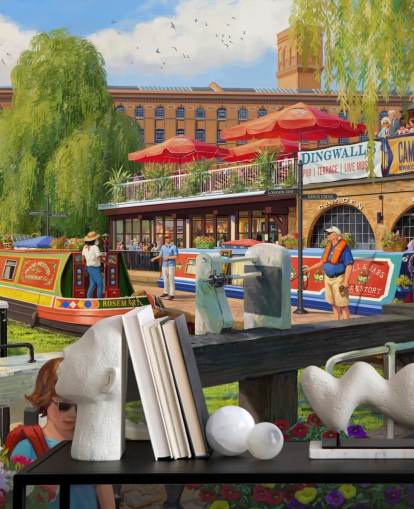 colorful london scene wallpaper mural called Camden Lock by Daniel Rodgers for care homes