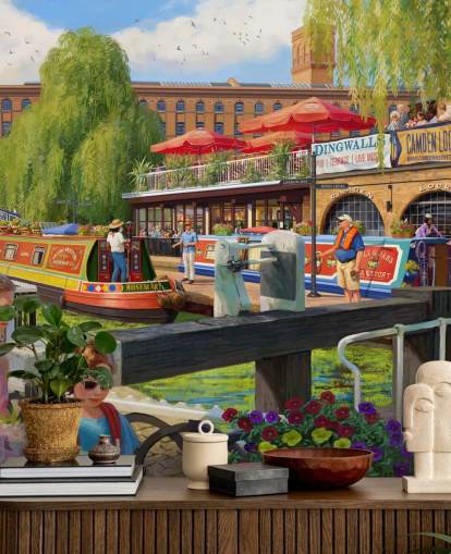 Buntes Tapeten-Wandbild mit Londoner Szene namens Camden Lock von Daniel Rodgers für Pflegeheime
