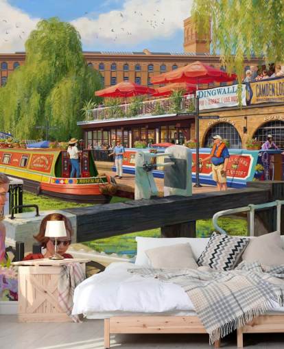 fargerikt tapetmaleri i London Scene kalt Camden Lock av Daniel Rodgers for omsorgsboliger fargerikt tapetmaleri i London Scene kalt Camden Lock av Daniel Rodgers for omsorgsboliger