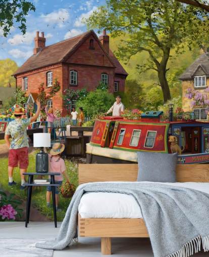 colorful bygone era wallpaper mural called Canal Trip by Daniel Rodgers for care homes