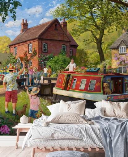 colorido mural de papel pintado de la época pasada llamado Canal Trip de Daniel Rodgers para residencias de ancianos