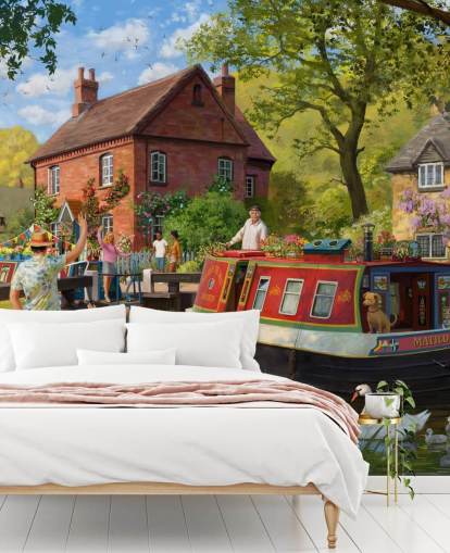 colourful bygone era wallpaper mural called Canal Trip by Daniel Rodgers for care homes