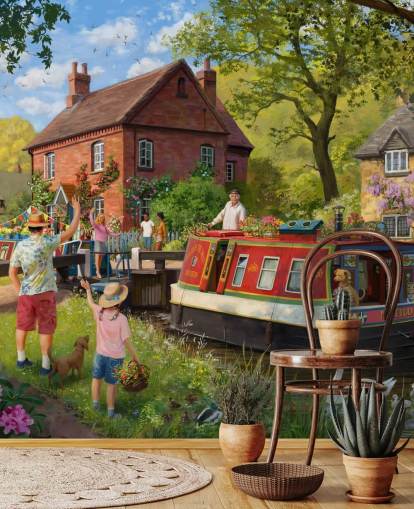 colorful bygone era wallpaper mural called Canal Trip by Daniel Rodgers for care homes