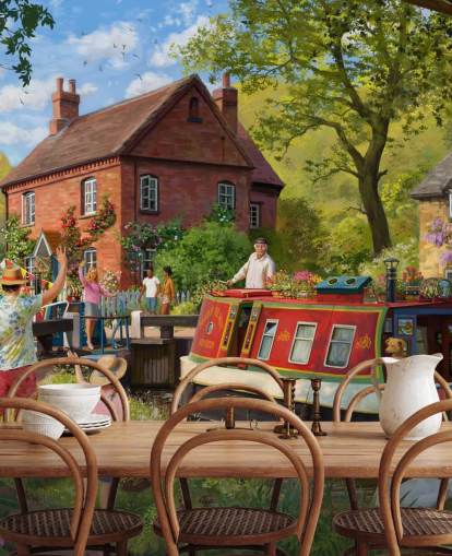 colorful bygone era wallpaper mural called Canal Trip by Daniel Rodgers for care homes