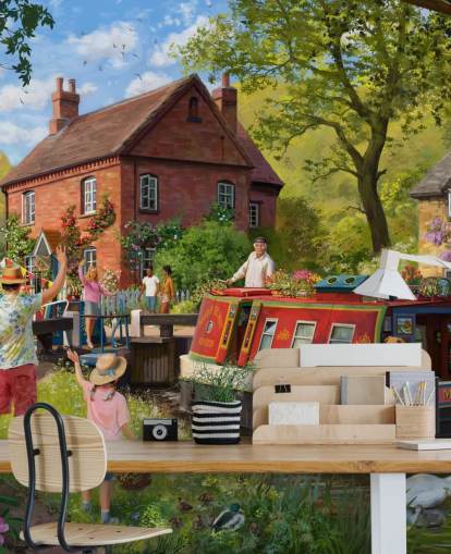 colorido mural de papel pintado de la época pasada llamado Canal Trip de Daniel Rodgers para residencias de ancianos