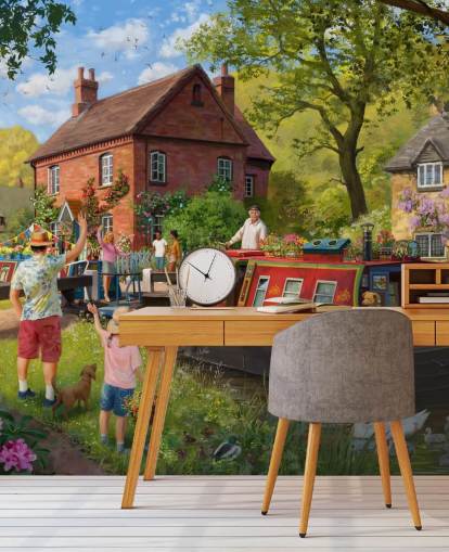colourful bygone era wallpaper mural called Canal Trip by Daniel Rodgers for care homes
