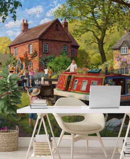 colorful bygone era wallpaper mural called Canal Trip by Daniel Rodgers for care homes colorful bygone era wallpaper mural called Canal Trip by Daniel Rodgers for care homes