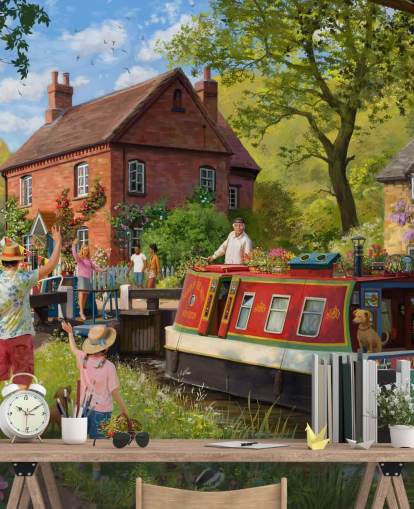 colourful bygone era wallpaper mural called Canal Trip by Daniel Rodgers for care homes
