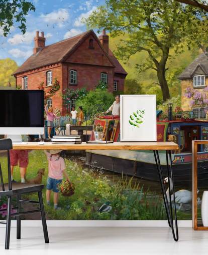 colourful bygone era wallpaper mural called Canal Trip by Daniel Rodgers for care homes