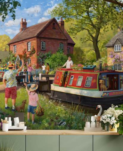 colorful bygone era wallpaper mural called Canal Trip by Daniel Rodgers for care homes