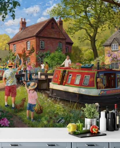 colorful bygone era wallpaper mural called Canal Trip by Daniel Rodgers for care homes