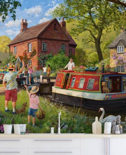 colorful bygone era wallpaper mural called Canal Trip by Daniel Rodgers for care homes