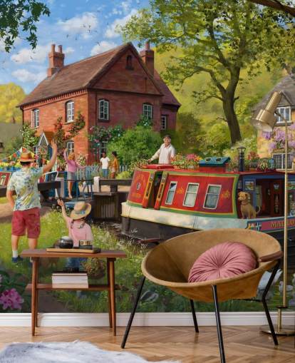 colorful bygone era wallpaper mural called Canal Trip by Daniel Rodgers for care homes