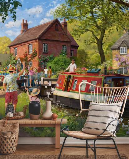 colourful bygone era wallpaper mural called Canal Trip by Daniel Rodgers for care homes colourful bygone era wallpaper mural called Canal Trip by Daniel Rodgers for care homes