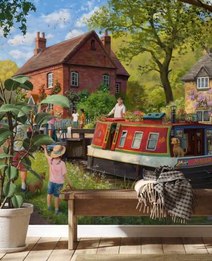 colorful bygone era wallpaper mural called Canal Trip by Daniel Rodgers for care homes