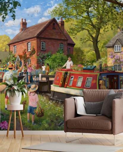 colourful bygone era wallpaper mural called Canal Trip by Daniel Rodgers for care homes