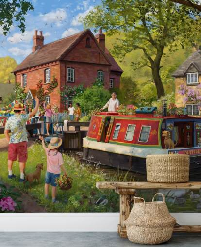 colorful bygone era wallpaper mural called Canal Trip by Daniel Rodgers for care homes
