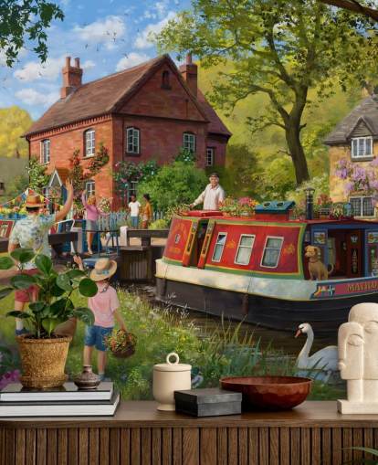 colorful bygone era wallpaper mural called Canal Trip by Daniel Rodgers for care homes