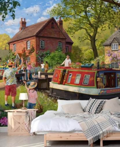 colorful bygone era wallpaper mural called Canal Trip by Daniel Rodgers for care homes colorful bygone era wallpaper mural called Canal Trip by Daniel Rodgers for care homes