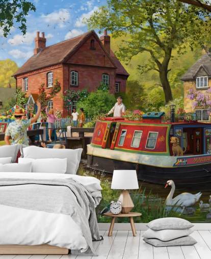 colourful bygone era wallpaper mural called Canal Trip by Daniel Rodgers for care homes