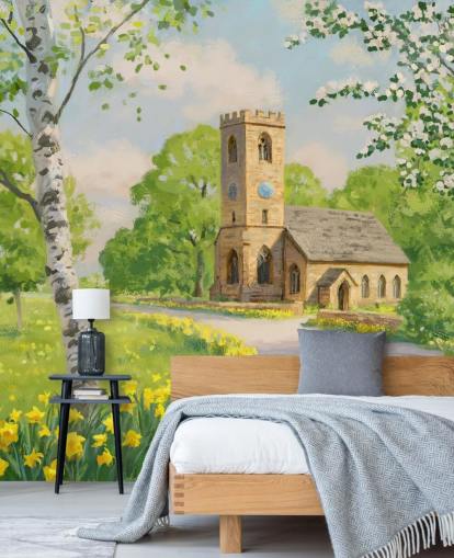 mural colorido de papel pintado campestre llamado Iglesia en primavera de Daniel Rodgers