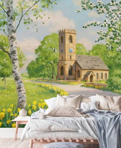 farbenfrohe Landschaftstapete mit dem Titel Church in Spring von Daniel Rodgers
