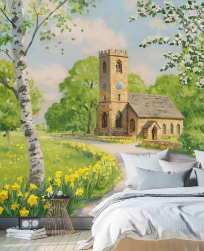 colorful countryside wallpaper mural called Church in Spring by Daniel Rodgers