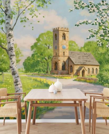 mural colorido de papel de parede rural chamado Church in Spring, de Daniel Rodgers